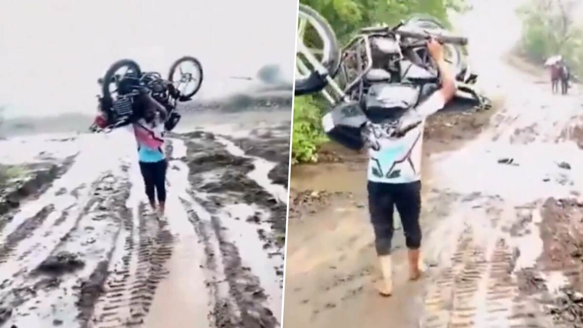 पावसामुळे रस्ता गेला चिखलात, तरूणाने दुचाकी थेट खांद्यावर घेत गाठला मार्ग ; सातारामधील व्हिडीओ वायरल (Watch Video)